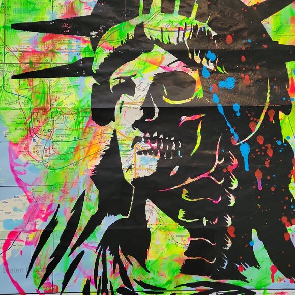 Handpainted Zombie Statue of Liberty Unique acrylic Artwork on a NYC Subway Map - Picture 3 of 9